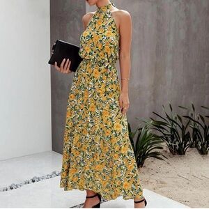 Boho Floral Print Belted Halter Maxi Dress